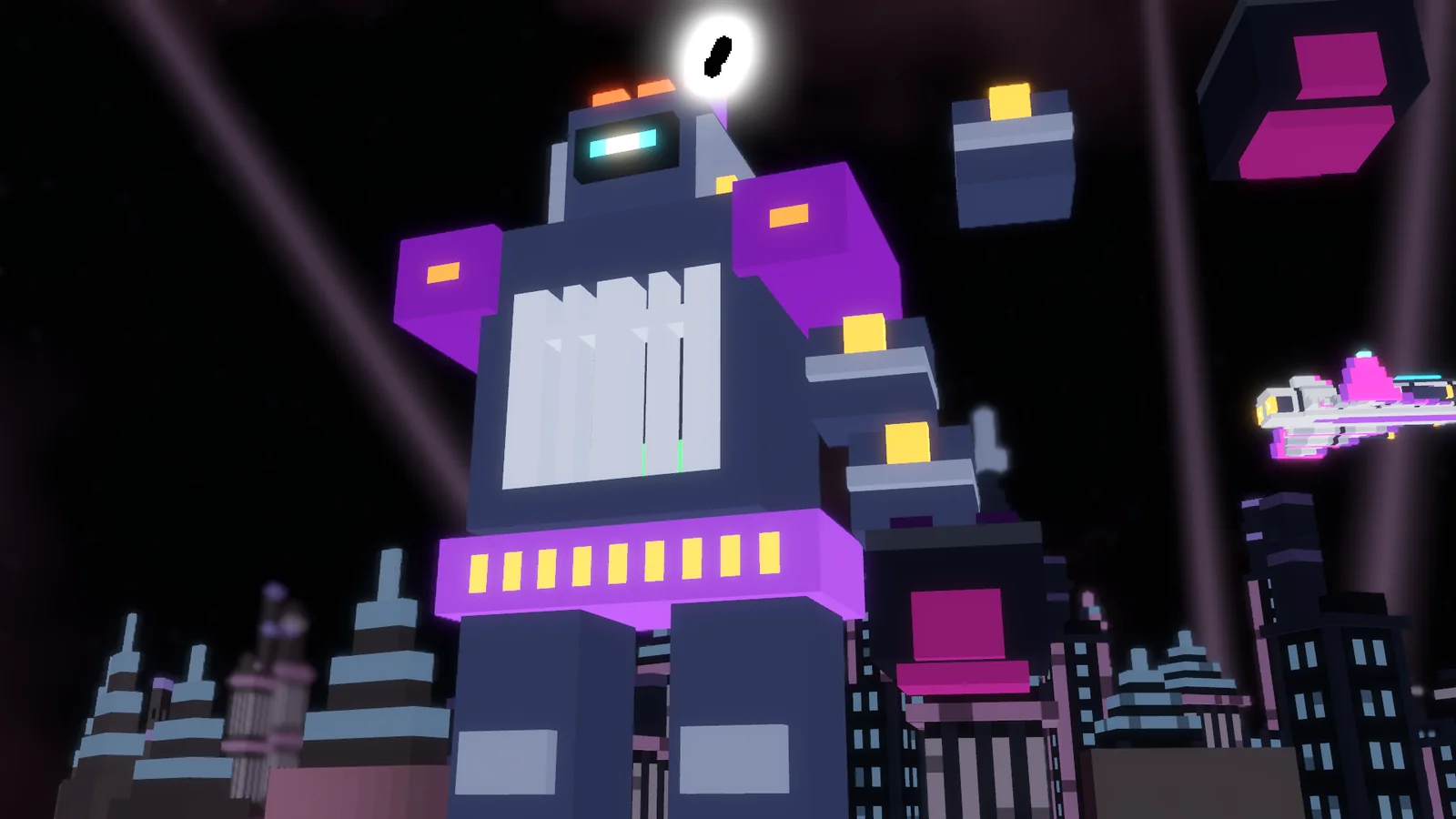 The Kiln, a violet titan standing over the red city with one hand raised to slam, the tender flying past
