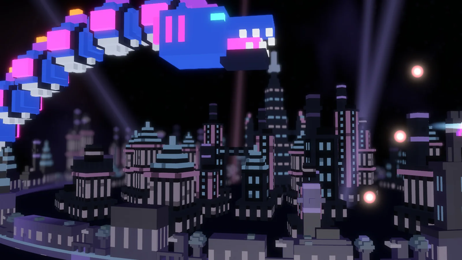 The Loom, a serpent of blue and magenta segments arching over the violet city, its jaws open