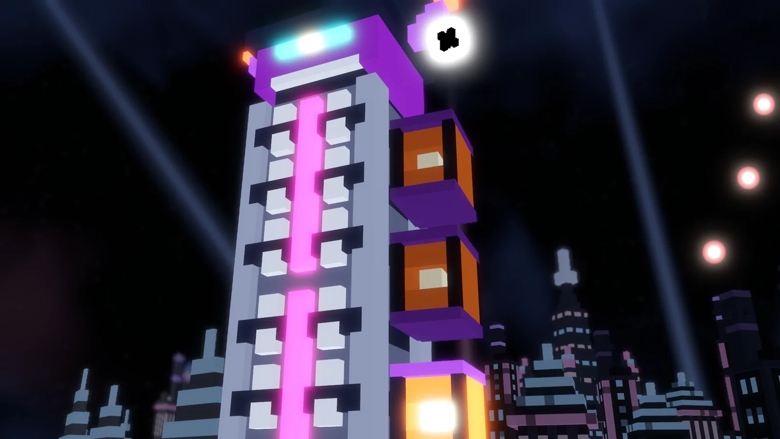 The Mason, a tower of white and violet blocks standing from floor to ceiling over the blue city, a heat vent burning open in its side