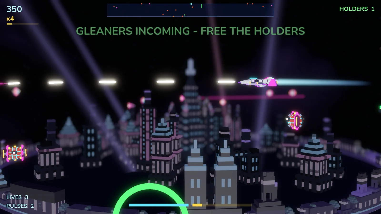 The Waist ring in violet: the tender flying over the voxel city with a line of seeds and a pack of Motes ahead
