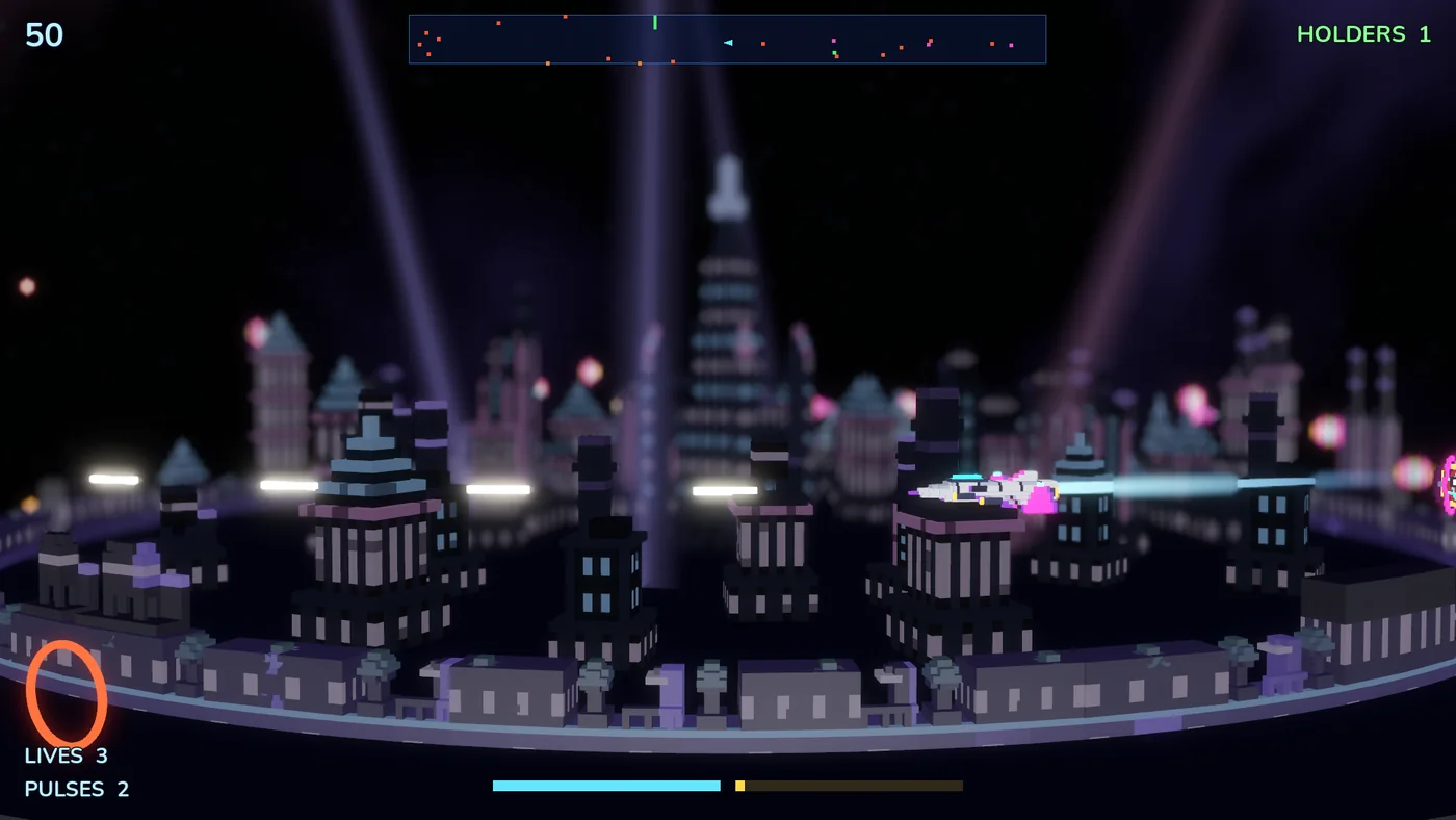 A frame of Spinhold: a swarm of orange Motes over the violet voxel city on the colony’s hull, the green beam of the Lift and a ×2 streak