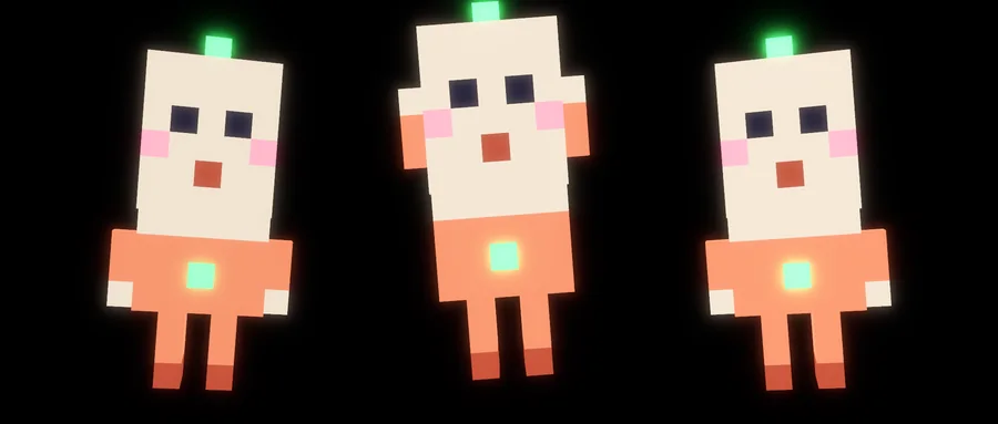 Three Holders from the game: voxel colonists in cream and coral with dot eyes, blushed cheeks and a glowing green light, the middle one cheering